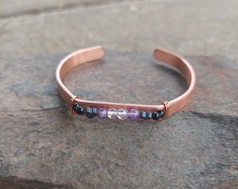 handmade empath protection copper cuff bracelet: amethyst, moonstone & onyx, birthday gift for her