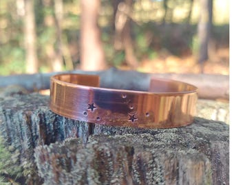 hand stamped copper Cancer birthday celestial cuff bracelet: handmade zodiac star constellation jewelry