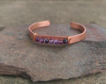 handmade copper + amethyst cuff bracelet: meditation, self-care gift, protection, anxiety jewelry, birthday gift for her