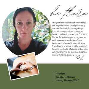 May include: A photo featuring a woman with dark hair and a black shirt. The image includes text that reads "hi there" and a description of gemstone combinations. The text also mentions "Honey Thorns, WNC."