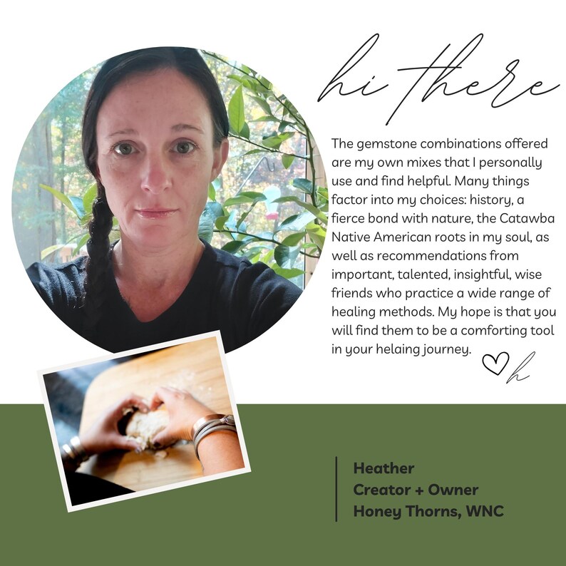 May include: A photo featuring a woman with dark hair and a black shirt. The image includes text that reads "hi there" and a description of gemstone combinations. The text also mentions "Honey Thorns, WNC."