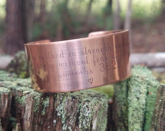 Proverbs 31:25 Copper Cuff Bracelet - Christian Scripture Jewelry, Inspirational Gift
