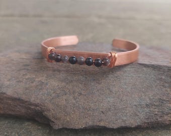 handmade copper + obsidian cuff bracelet: meditation, self-care gift, protection, anxiety jewelry, birthday gift for her