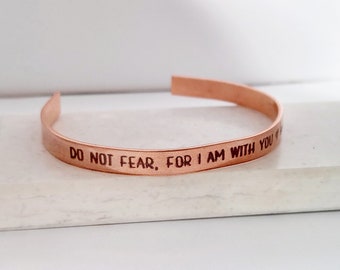 Bible verse gift for mom: handmade copper cuff bracelet engraved with Isaiah 41, personalized jewelry