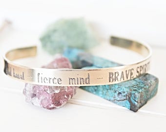 kind heart, fierce mind, brave spirit: engraved copper cuff bracelet personalized handmade jewelry