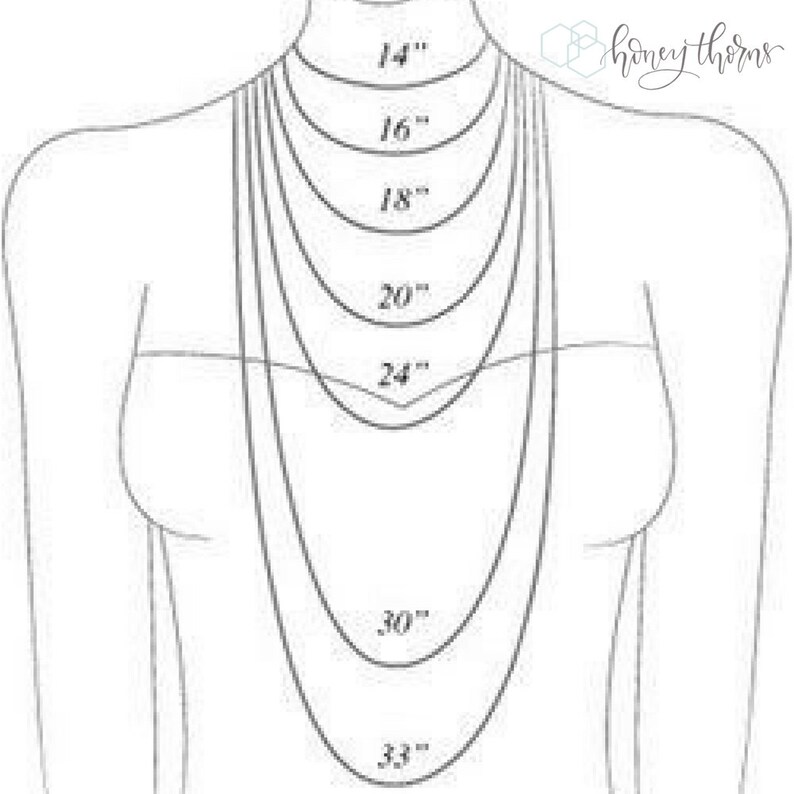 May include: Illustration of a person's upper body with various necklace lengths. The image shows necklaces at 14", 16", 18", 20", 24", 30", and 33" lengths. The Honey Thorns logo is in the upper right corner.