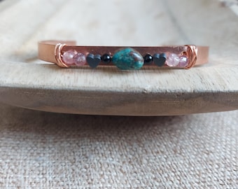 copper REASSURANCE + CALM bracelet. chrysocolla. hematite. onyx. lepidolites. minimalist. adjustable. protection. serenity. willpower.