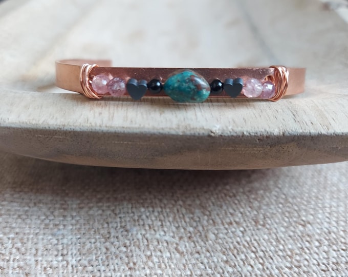 Featured listing image: copper REASSURANCE + CALM bracelet. chrysocolla. hematite. onyx. lepidolites. minimalist. adjustable. protection. serenity. willpower.