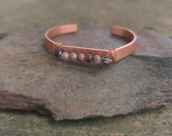 Handmade Copper Rhodonite Cuff Bracelet, Protection Meditation Jewelry