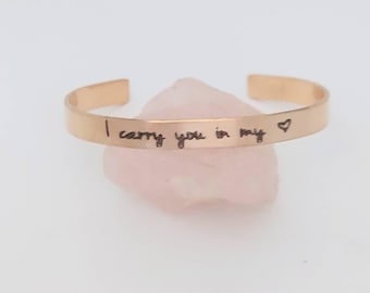 I carry you in my heart personalized copper sympathy keepsake bracelet: memorial gift for the loss of mother, father