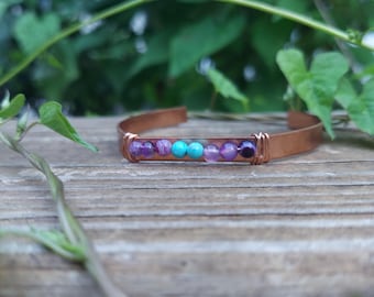 Copper CALMING Bracelet: Turquoise. Amethyst. Healing Crystal Jewelry.