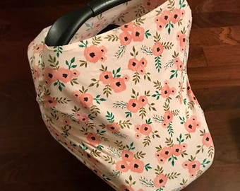 Stretchy Car Seat Cover / Pink floral with knotted hat / Nursing Cover / 4 in 1 infant carseat canopy / highchair cover /shopping cart cover