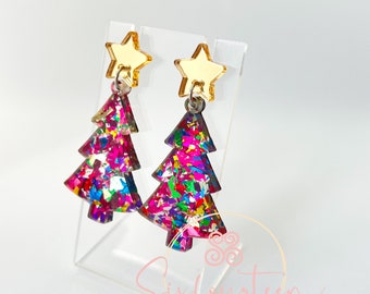 Pink Christmas Tree Earrings