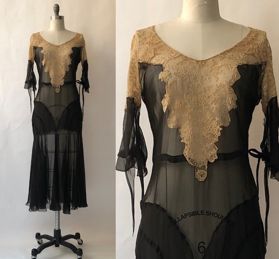 Vintage 1930s Black Silk Chiffon & Antique Cream L