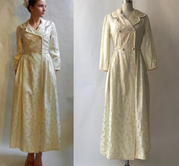 Vintage 1970s Cream Brocade Coat Dress with Pocket