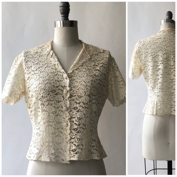 1950s Vintage Lace Cream Blouse - image 1