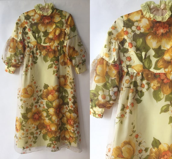 Vintage 1960s Empire Waist Yellow Print Chiffon Dr