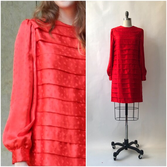 Vintage 1980's Red Silk Pleated Tank Dress /M