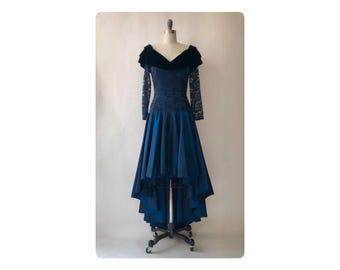 Blue Taffeta & Lace 1980s Asymmetrical Evening Dress with Velvet Collar