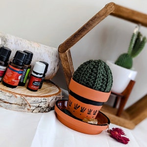 May include: A collection of essential oil bottles in a wooden holder, with a crocheted cactus in a terracotta pot on a white surface. The oils are labeled "Revive", "Guard", and "dōTERRA".