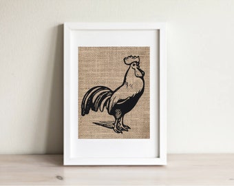 Kitchen Art, Rooster Burlap Print, Rooster Kitchen Art, Rooster Art, Rooster Wall Decor, Burlap Print, Rustic Decor, Rooster Print