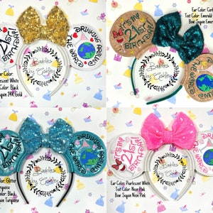 K&ouml;nnte beinhalten: Vier Haarreifen mit runden Ohren, bestickt mit dem Text It's My 21st Birthday und Drinking Around The World. Die Designs umfassen Pailletten-Schleifen in Gold, Smaragd, T&uuml;rkis und Neonpink sowie Ohren in Wei&szlig;, Korkoptik und mit Glitzer.