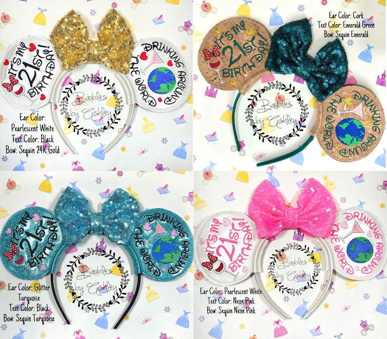 K&ouml;nnte beinhalten: Vier Haarreifen mit runden Ohren, bestickt mit dem Text It's My 21st Birthday und Drinking Around The World. Die Designs umfassen Pailletten-Schleifen in Gold, Smaragd, T&uuml;rkis und Neonpink sowie Ohren in Wei&szlig;, Korkoptik und mit Glitzer.