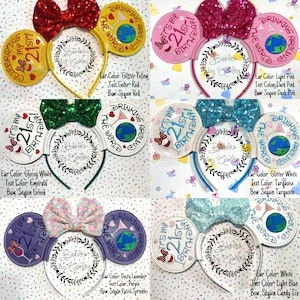 K&ouml;nnte beinhalten: Sechs Haarreifen mit runden Ohren, bestickt mit dem Text It's my 21st Birthday und Drinking Around The World. Jeder Haarreifen enth&auml;lt eine Pailletten-Schleife und das zentrale Logo von Baubles by Ashley in verschiedenen Farbkombinationen.