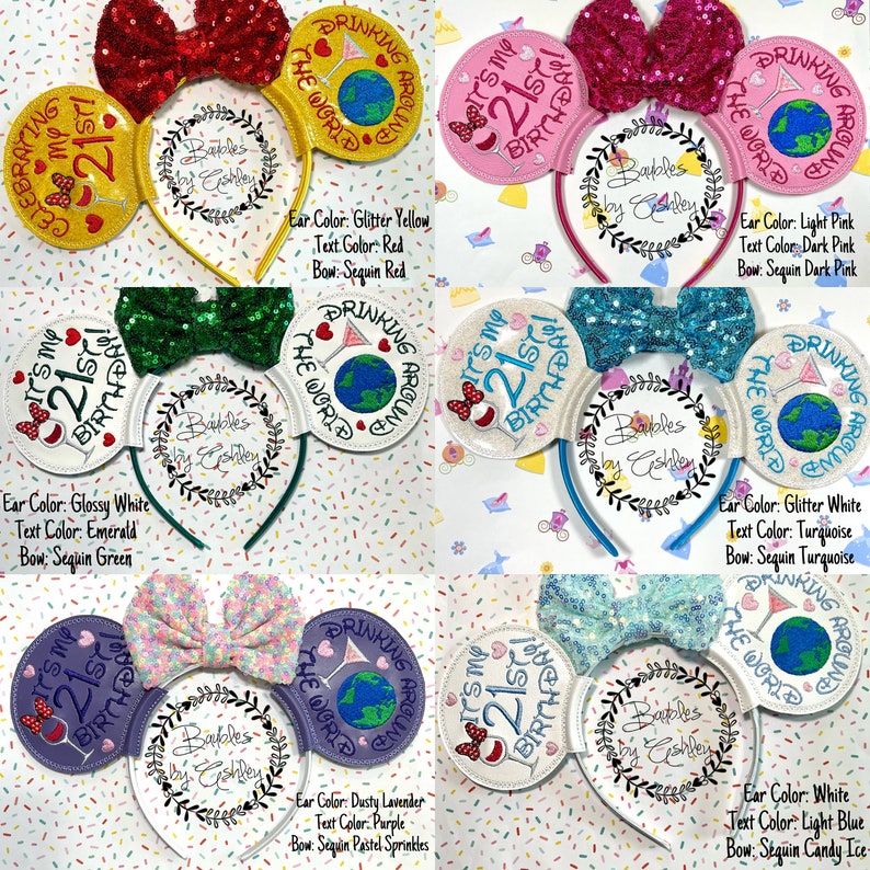 K&ouml;nnte beinhalten: Sechs Haarreifen mit runden Ohren, bestickt mit dem Text It's my 21st Birthday und Drinking Around The World. Jeder Haarreifen enth&auml;lt eine Pailletten-Schleife und das zentrale Logo von Baubles by Ashley in verschiedenen Farbkombinationen.