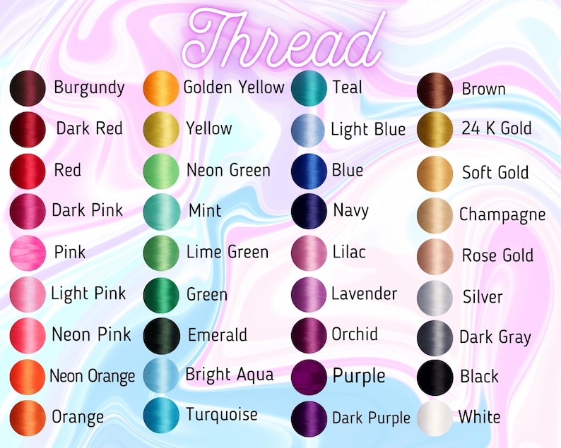 K&ouml;nnte beinhalten: Eine Farbkarte mit der &Uuml;berschrift Thread, die vier Spalten mit kreisf&ouml;rmigen Farbmustern in verschiedenen T&ouml;nen zeigt, darunter Burgunderrot, Rot, Pink, Orange, Gelb, Gr&uuml;n, T&uuml;rkis, Blau, Lila, Braun, Gold, Champagner, Silber, Schwarz und Wei&szlig;.