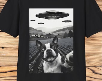 boston terrier UFO Selfie Unisex T-Shirt, Dog Lover Tee, Funny Animal Shirt, Alien Encounter Gift, boston terrier mom, dad, owner tshirt