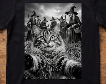 Cat Selfie with Witches T-Shirt, Funny Halloween Cat Mom, Dad, Owner Shirt