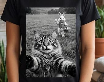 Cat Taking Selfie with Easter Bunny T-Shirt, Funny Easter Cat Tee, co worker gift, cat mom, dad, owner shirts