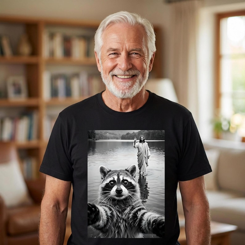 Raccoon Taking Selfie with Jesus Walking on Water T-Shirt, Funny Easter tshirt, Funny Religious Tee, christian gifts image 2