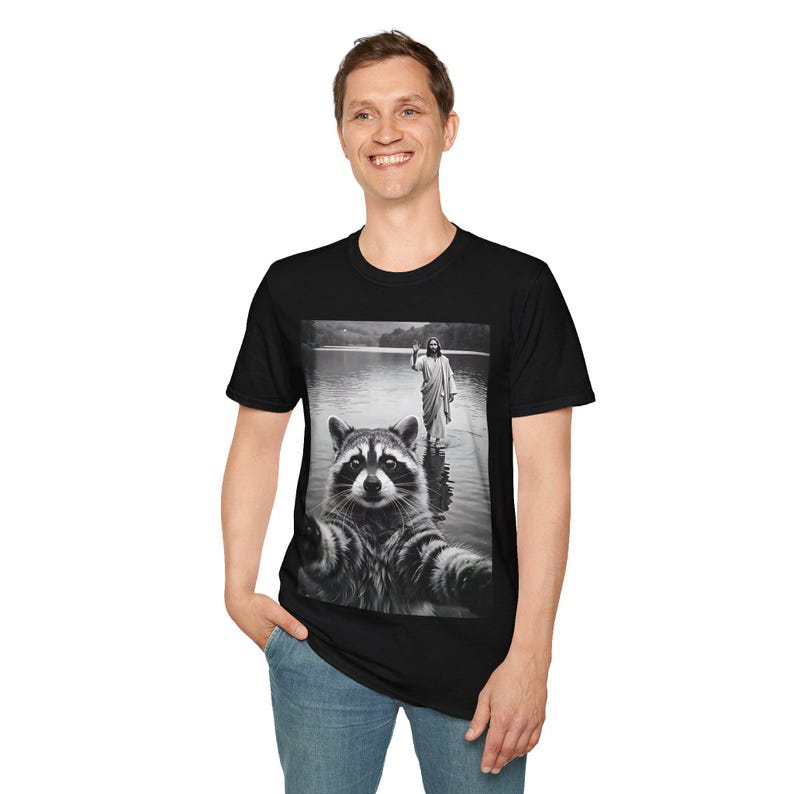 Raccoon Taking Selfie with Jesus Walking on Water T-Shirt, Funny Easter tshirt, Funny Religious Tee, christian gifts image 4