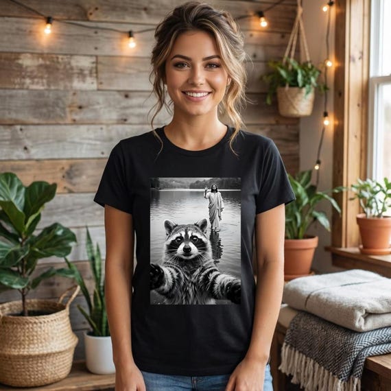 Raccoon Taking Selfie with Jesus Walking on Water T-Shirt, Funny Easter tshirt, Funny Religious Tee, christian gifts