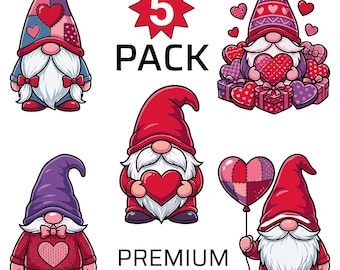 Valentine Gnome 5 pack PNG Bundle, Love Gnomes, Valentine’s Day Digital Download, Heart Gnome Clipart