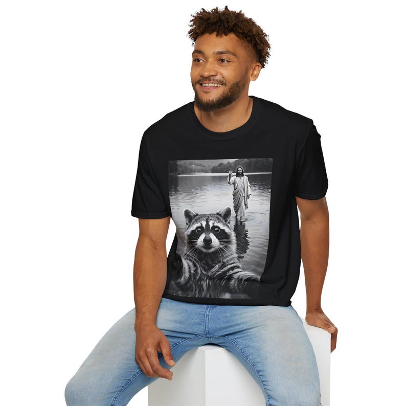 Raccoon Taking Selfie with Jesus Walking on Water T-Shirt, Funny Easter tshirt, Funny Religious Tee, christian gifts image 3