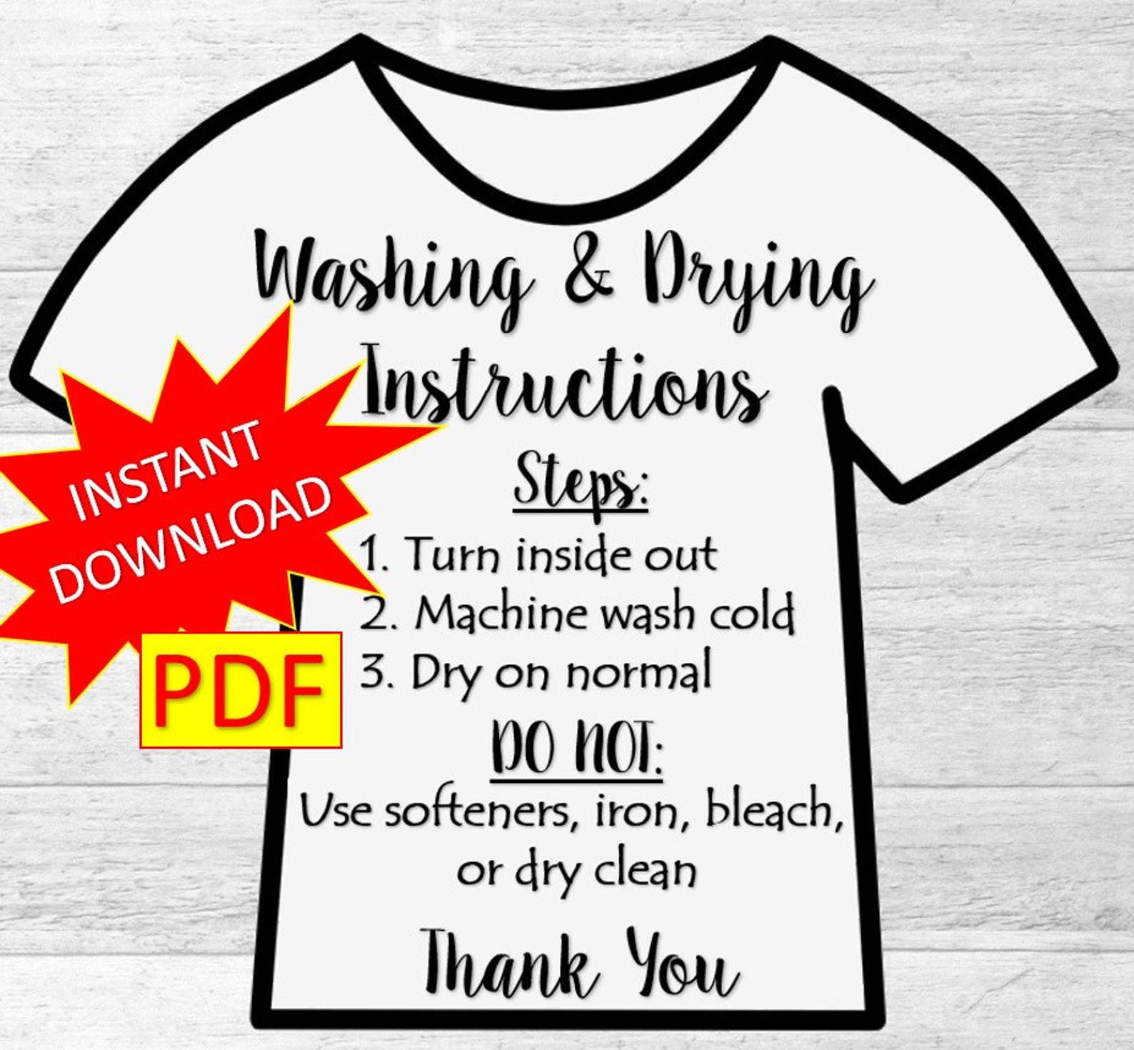 Washing Instructions Tshirt Care, Instant Download, Printable - Etsy