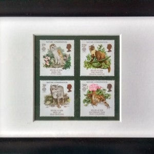 May include: Four postage stamps featuring different animals, including a wild cat, a marten, a badger, and a wild cat. The stamps are green with white borders and feature the text "Nature Conservation" and the price of each stamp. The stamps are framed in a white mat and a black frame.
