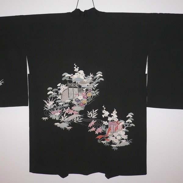 Stunning Black Silk, Japanese Haori Kimono Evening Jacket, Hand Painted Garden + Imperial Carriage, Lined & Silk Himo Cords