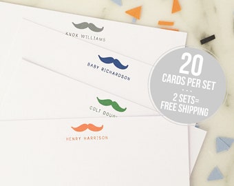 Mustache Baby Custom Stationary - Boys Personalized Stationery Set of 20 Flat Note Cards