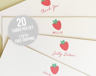 Strawberry Stationery Thank You Notes - Strawberries Personalized Stationary Set of 20 Flat Note Cards Christmas Gift Stocking Stuffer