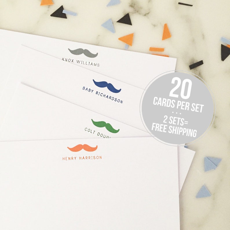 Mustache Baby Custom Stationary Boys Personalized Stationery Set of 20 Flat Note Cards image 1