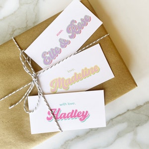 Personalized Gift Tags - Retro Shadow Kids Gift Tags Girls - Custom Enclosure Cards - Vintage Kids Name Birthday Gifts Colorful Tags