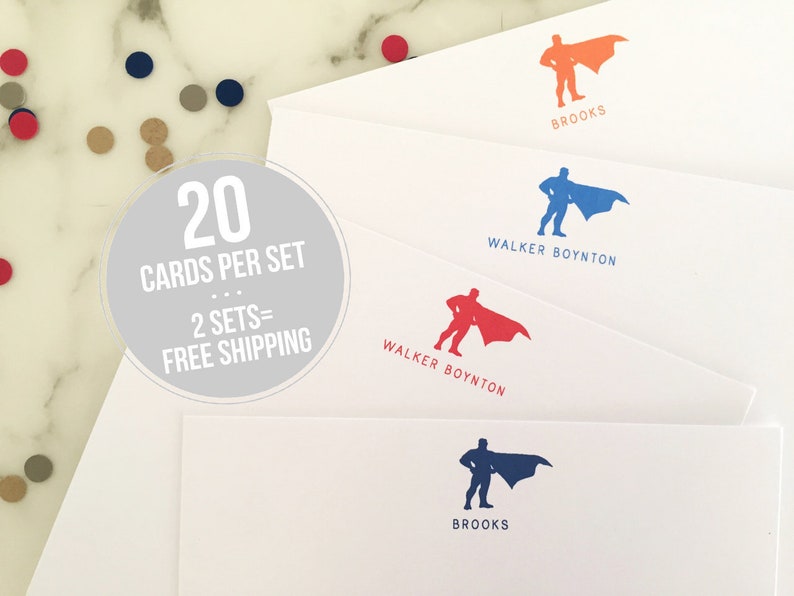 Superhero Cape Stationary Boys Personalized Stationery Set of 20 Flat Note Cards Thank You Notes image 1