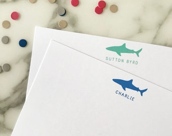 Shark Personalized Stationery - Boys Custom Stationary Set of 20 Flat Note Thank You Cards
