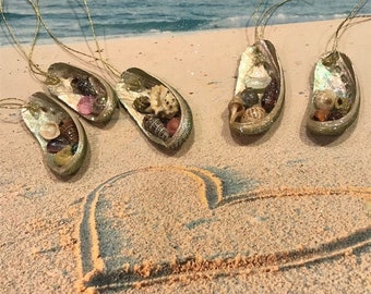 Christmas Ornaments Real Abalone Seashell : Green Rust Silver Glitter, Set of 5