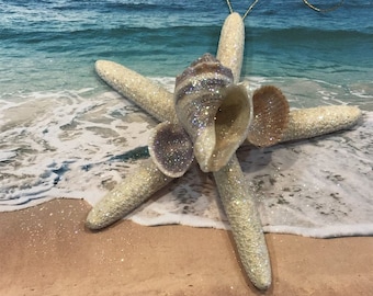 Starfish Real   Glitter  With Beach Seashells Wall Hanger   Beach Memory Gift   Beach Decor   Beautiful   Unique   One Of A Kind