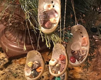 Abalone Seashell Ornaments Christmas Set: Glitter Coastal Home Decor